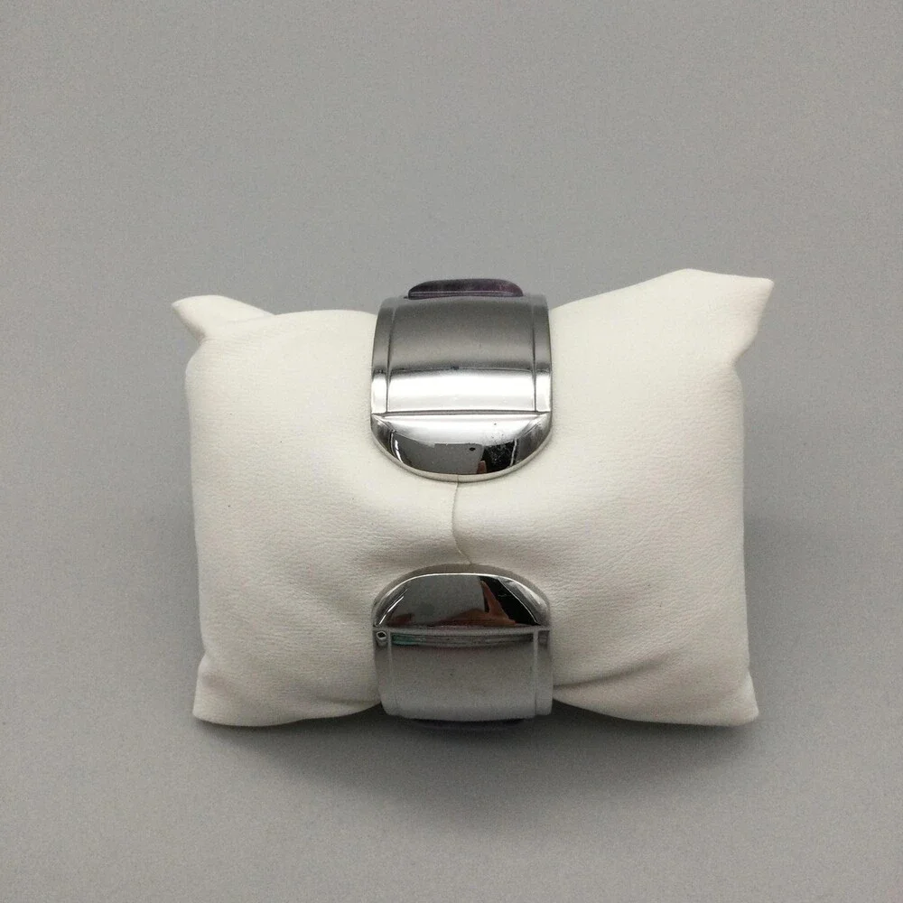 Geneva Womens Watch 31mm Silver Tone Purple MOP Square Dial Bangle Open Cuff